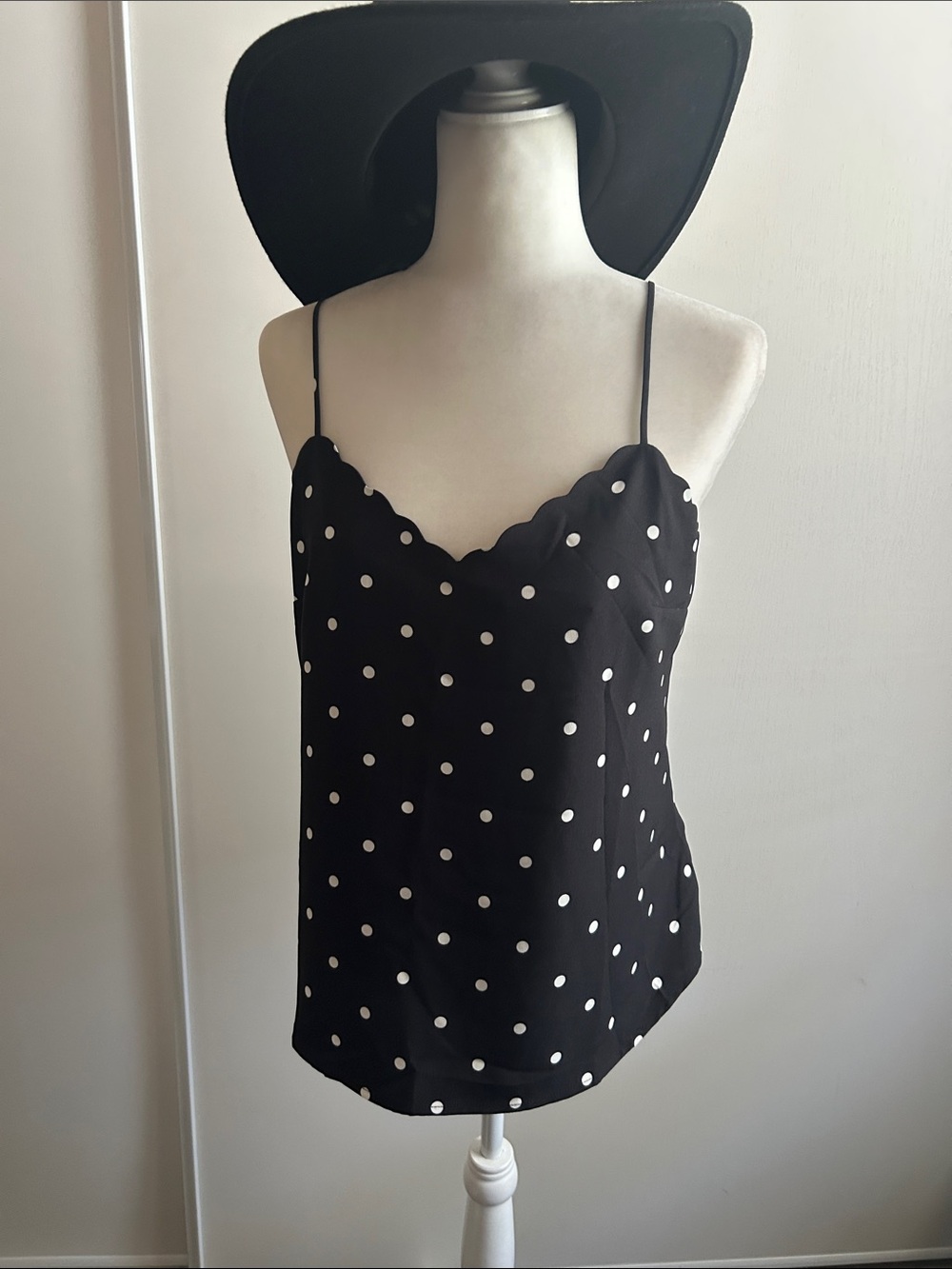 J. Crew Black with White Polka Dot Scallop V-Neck Cami